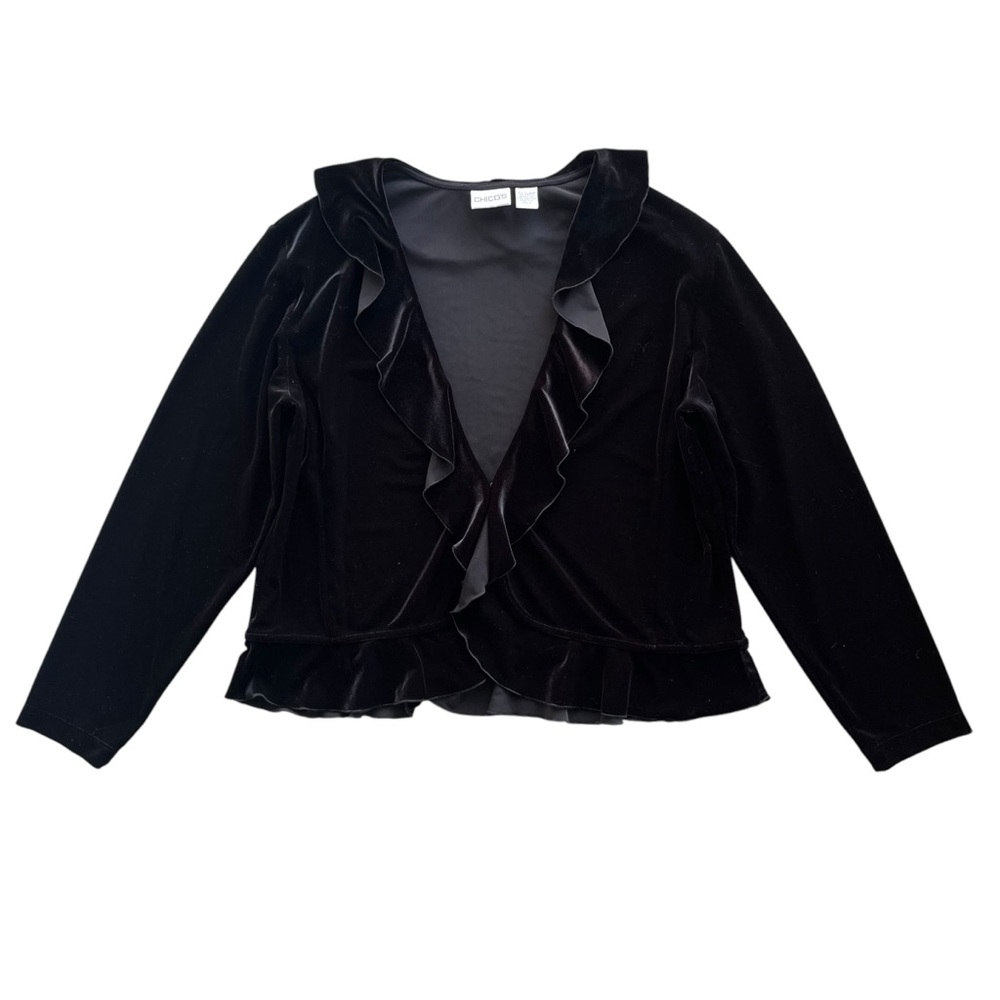 Chico’s Womens 3 XL/16 Black Basic Velvet Supai Open Ruffle Long Sleeve Cardigan
